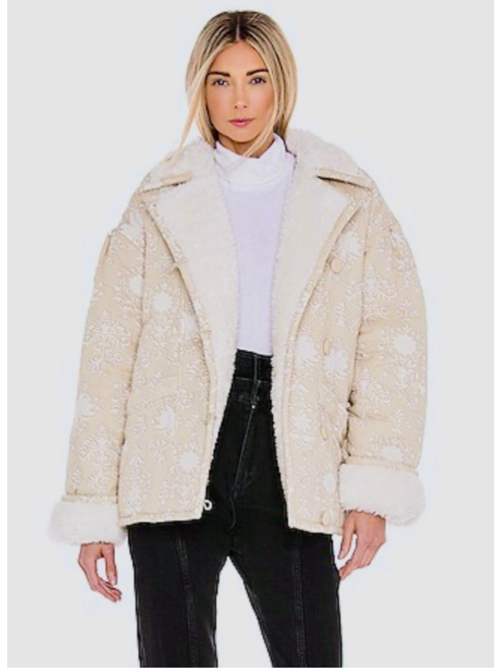 Tularosa Isobel Jacket Beige Ivory Floral Jacquard Faux Fur M NWOT